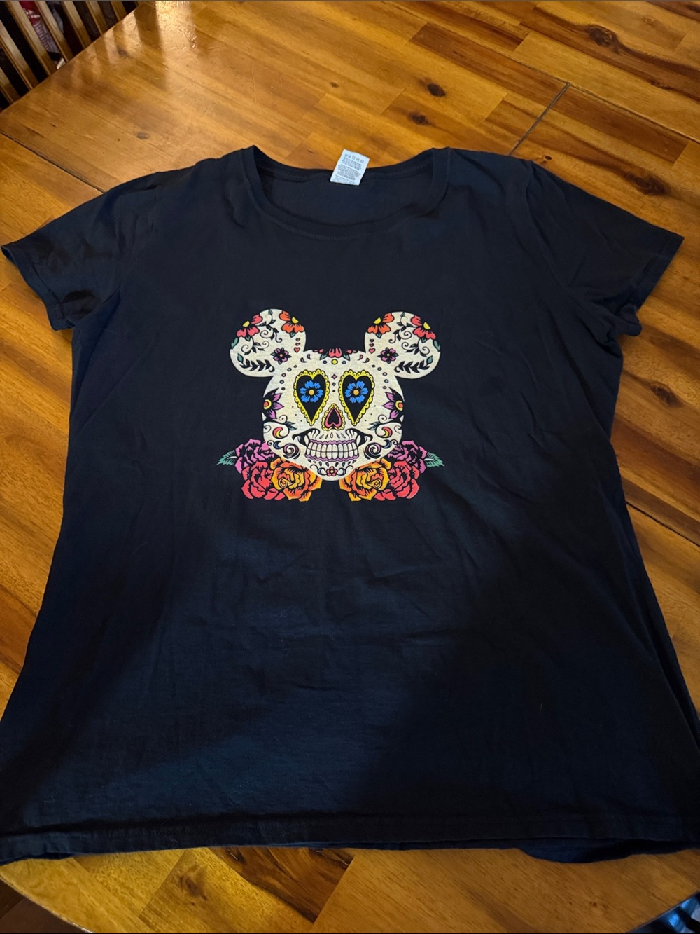 Women’s Black Micky Tee with Colorful Sugar Skull Design